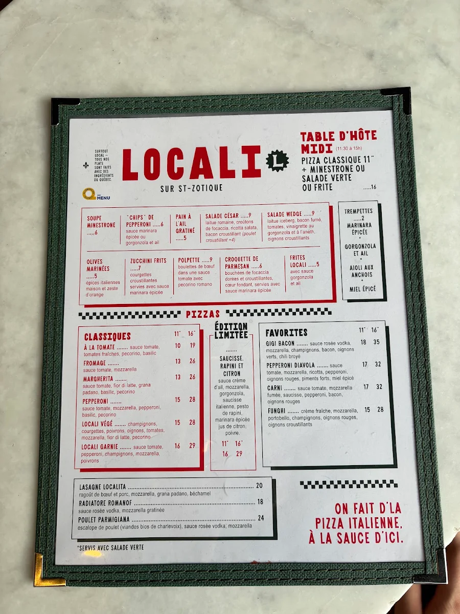 Menu, Pizzeria Locali