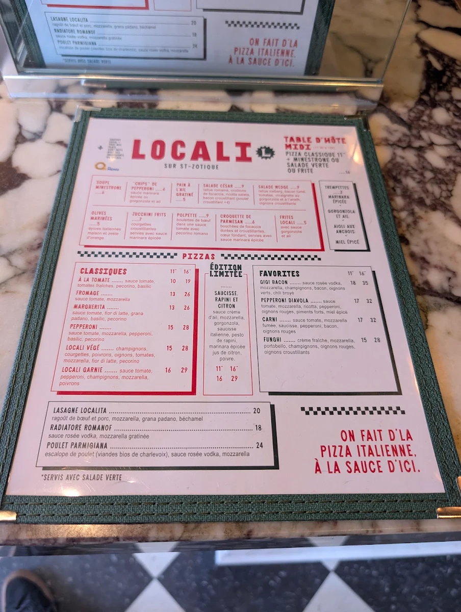 Menu, Pizzeria Locali