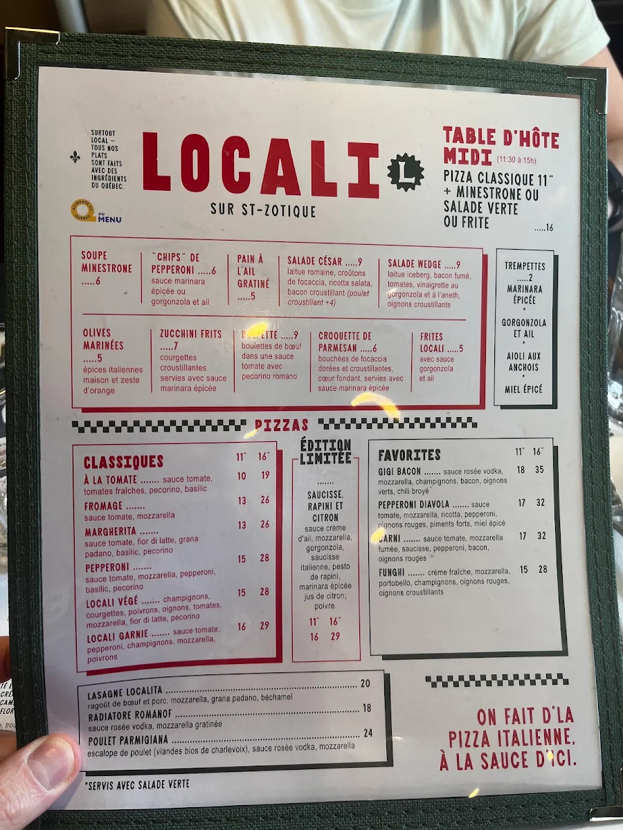 Menu, Pizzeria Locali