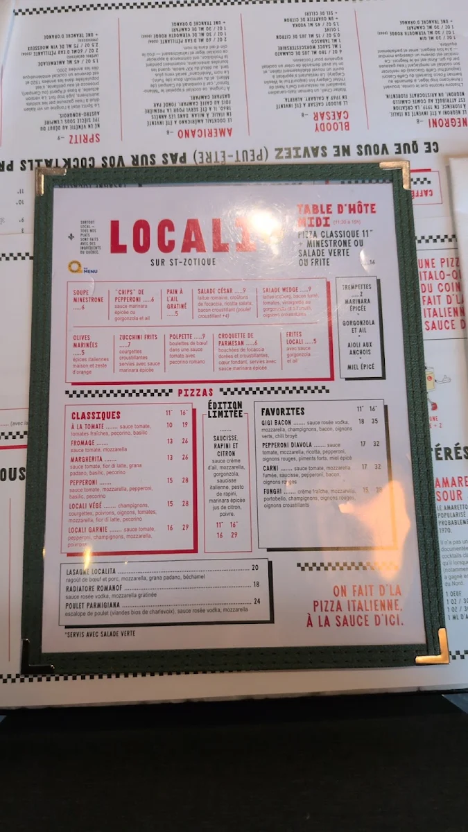 Menu, Pizzeria Locali