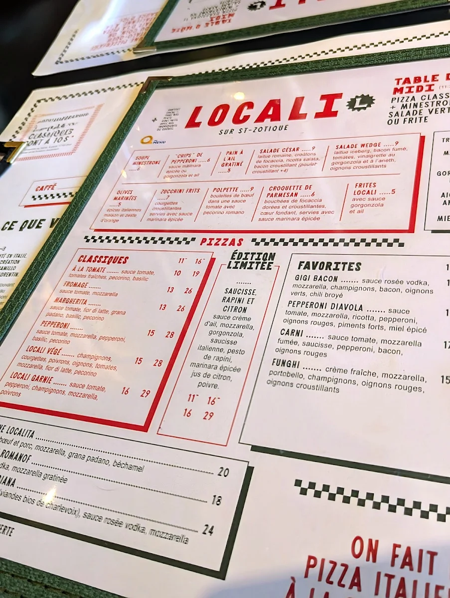Menu, Pizzeria Locali