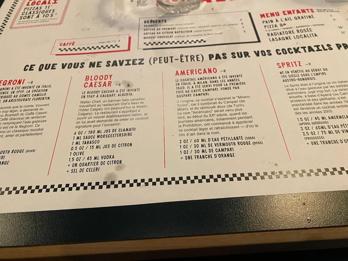 Menu, Pizzeria Locali