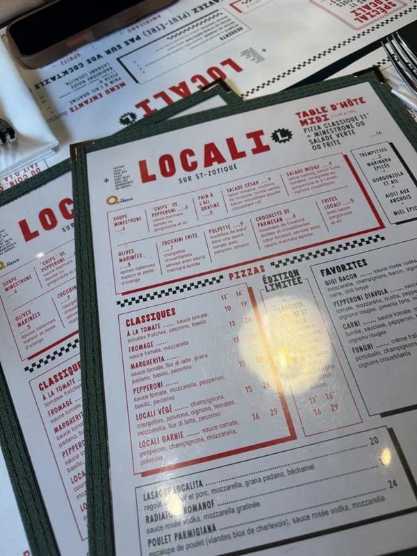 Menu, Pizzeria Locali