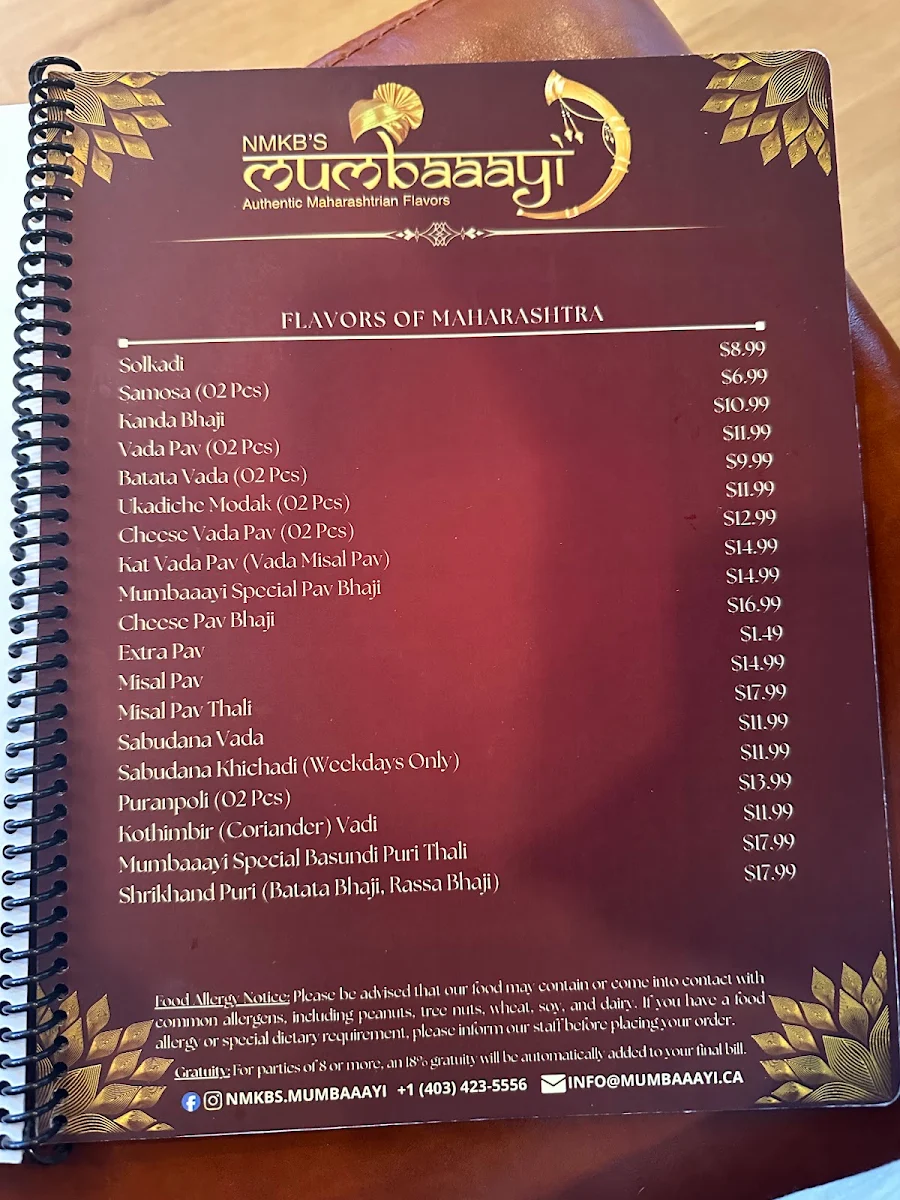 Menu, Mumbaaayi | Pure Veg Indian Restaurant Calgary