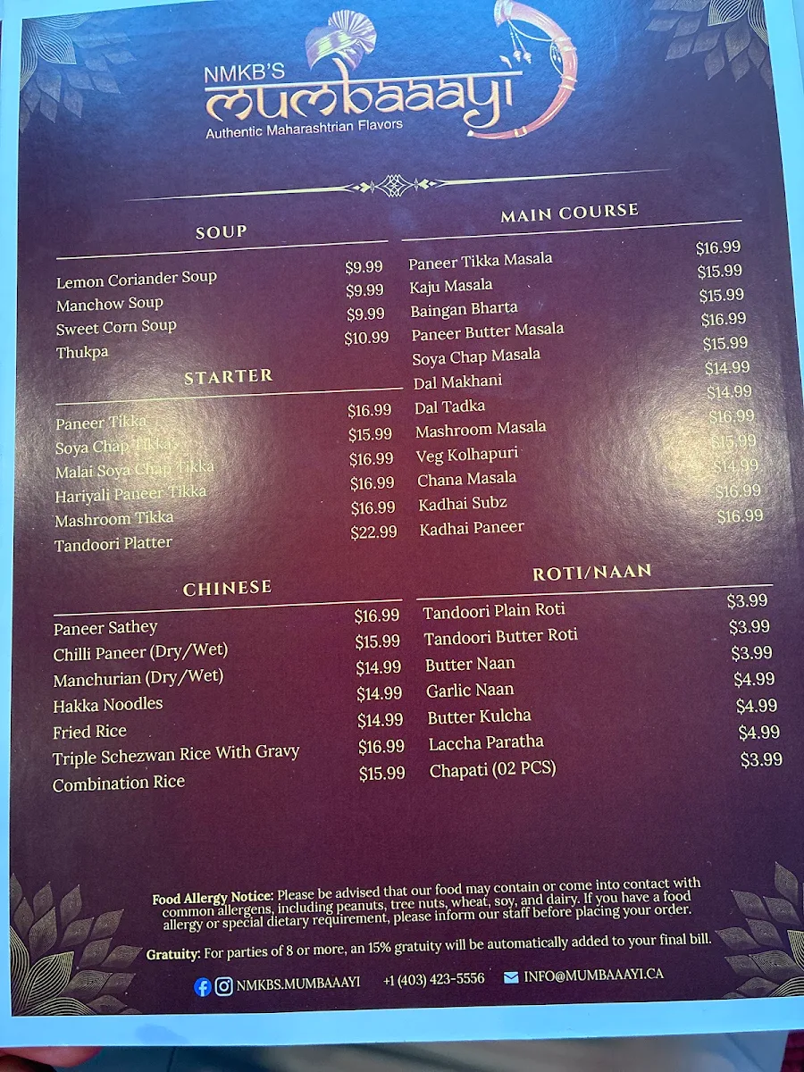 Menu, Mumbaaayi | Pure Veg Indian Restaurant Calgary