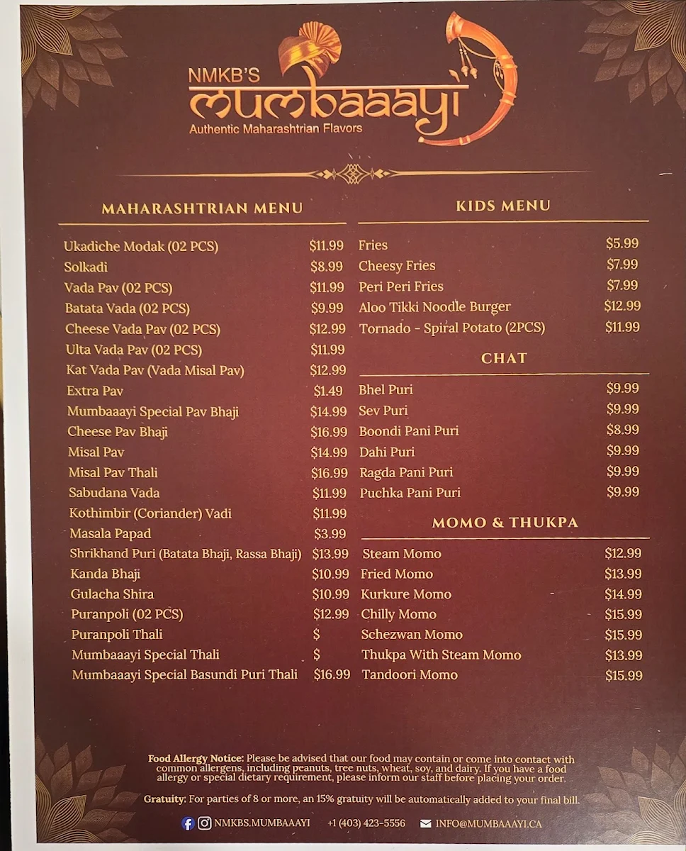Menu, Mumbaaayi | Pure Veg Indian Restaurant Calgary