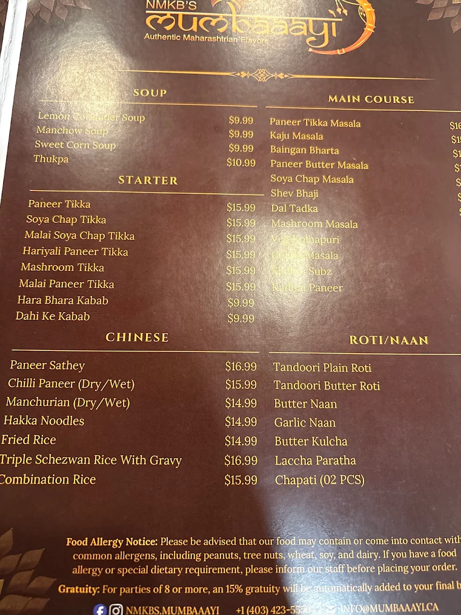 Menu, Mumbaaayi | Pure Veg Indian Restaurant Calgary