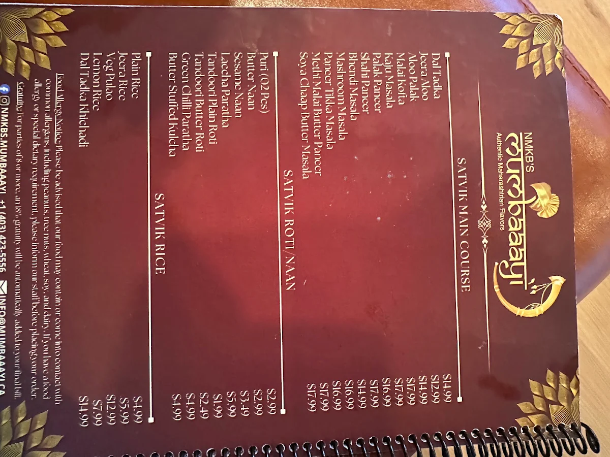 Menu, Mumbaaayi | Pure Veg Indian Restaurant Calgary