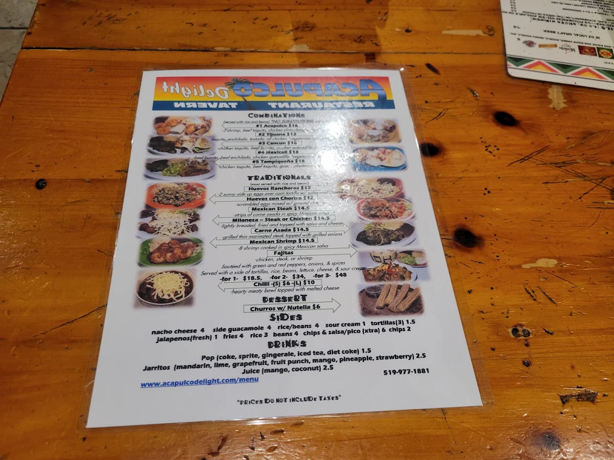 Menu, Acapulco Delight Restaurant