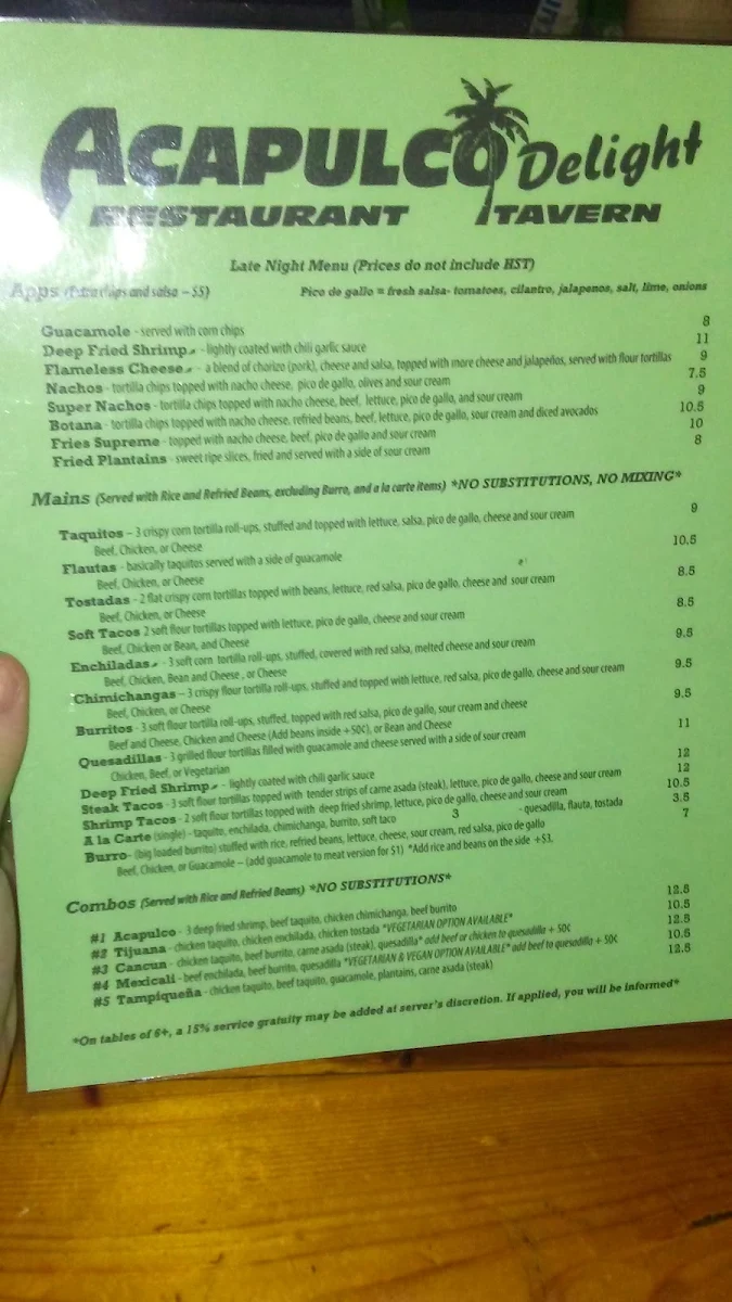 Menu, Acapulco Delight Restaurant