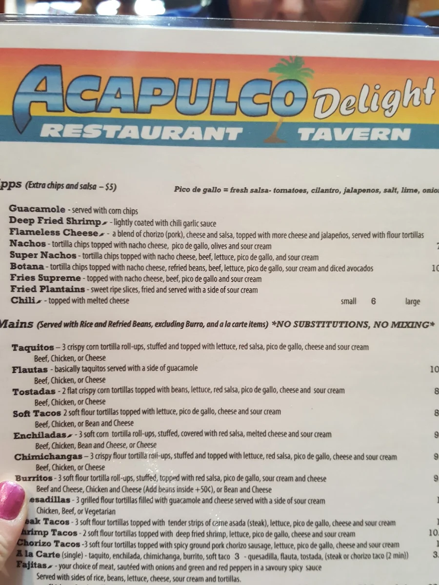 Menu, Acapulco Delight Restaurant