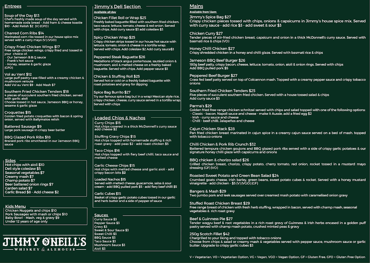Menu, Jimmy O'Neills Whiskey & Alehouse