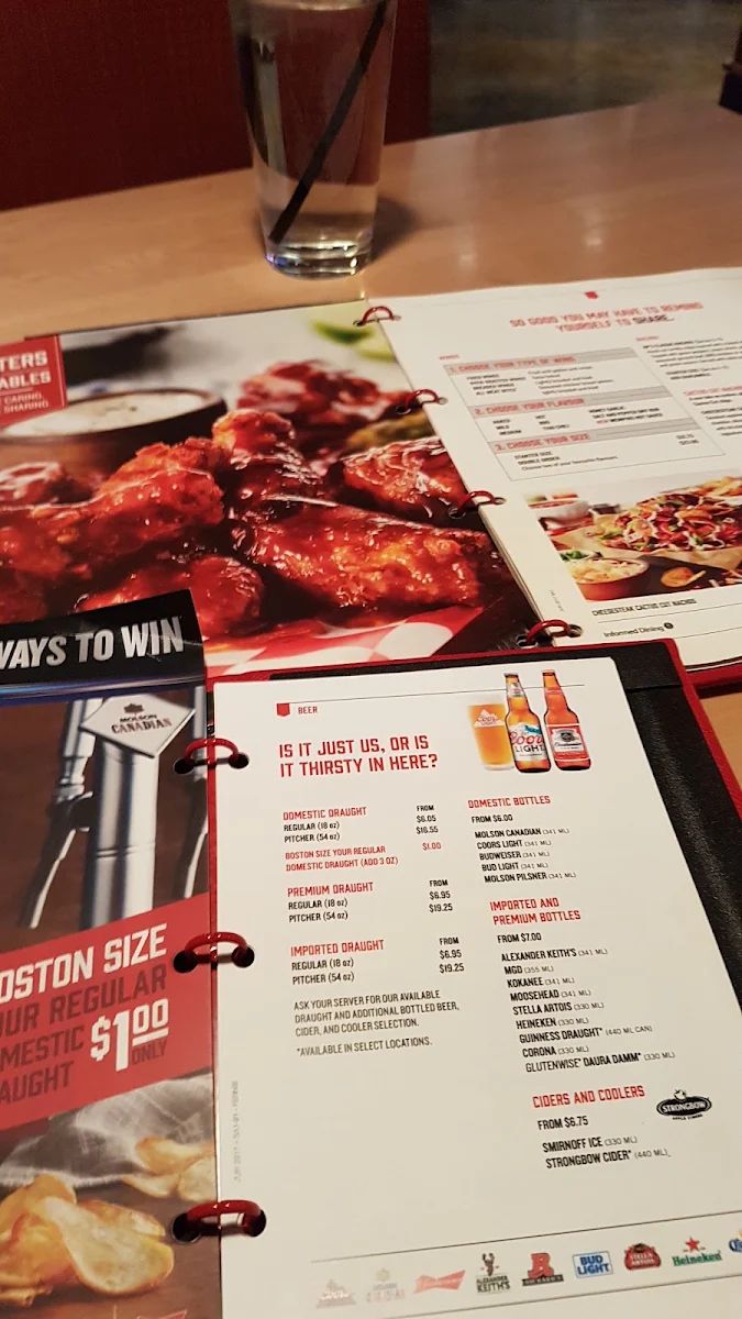 Menu, Boston Pizza