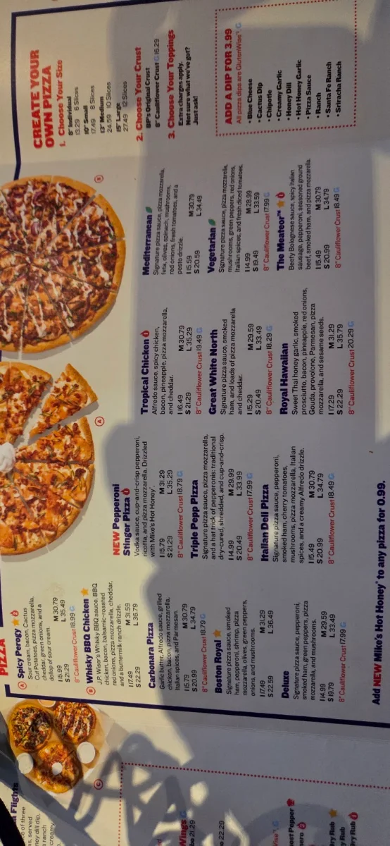 Menu, Boston Pizza