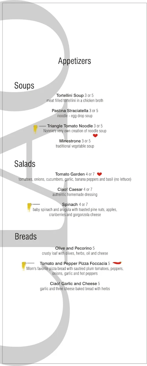 Menu, Ciao Cucina Nuova