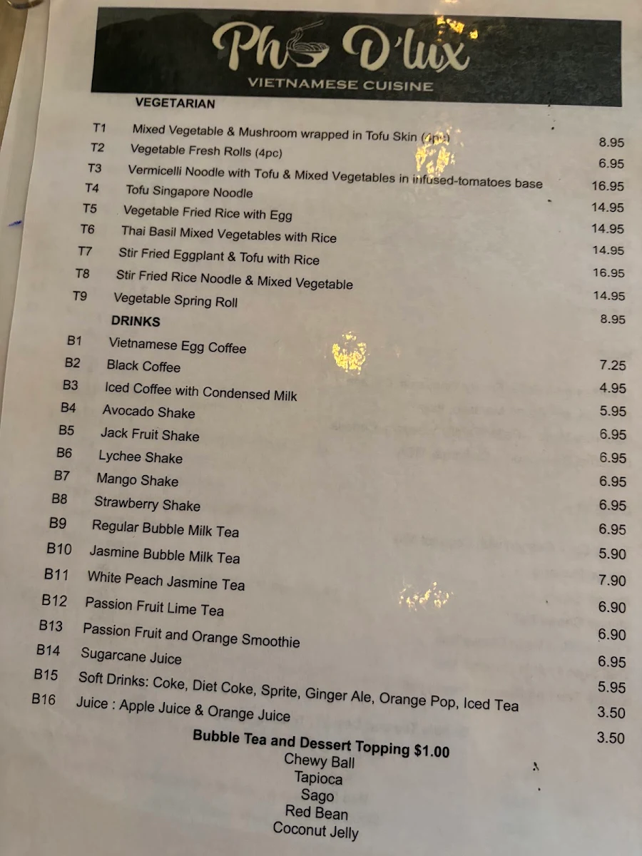 Menu, Pho D'lux