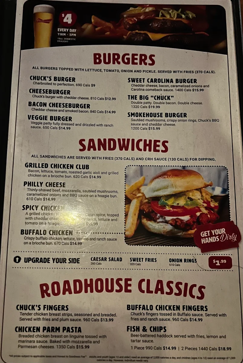 Menu, Chuck’s Roadhouse Bar and Grill