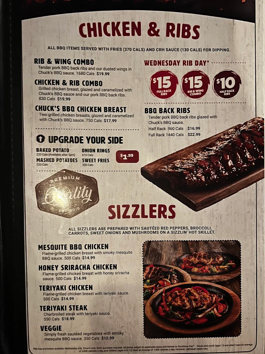 Menu, Chuck’s Roadhouse Bar and Grill