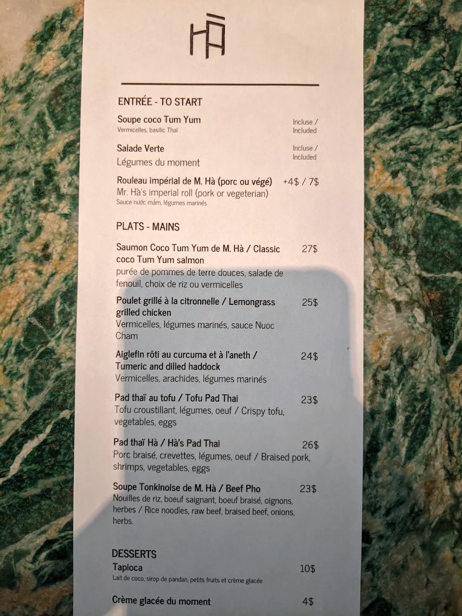 Menu, HÀ Vieux-Montréal