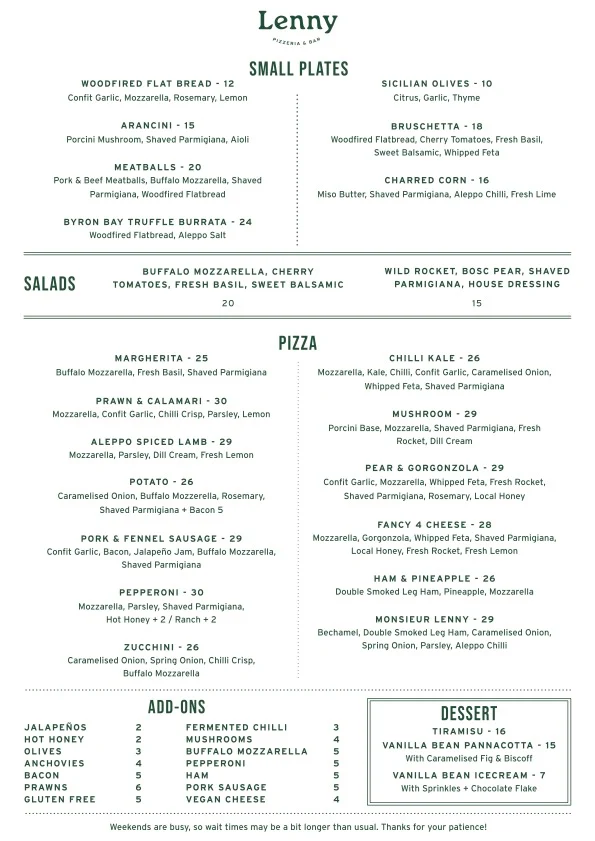 Menu, Lenny Pizzeria & Bar