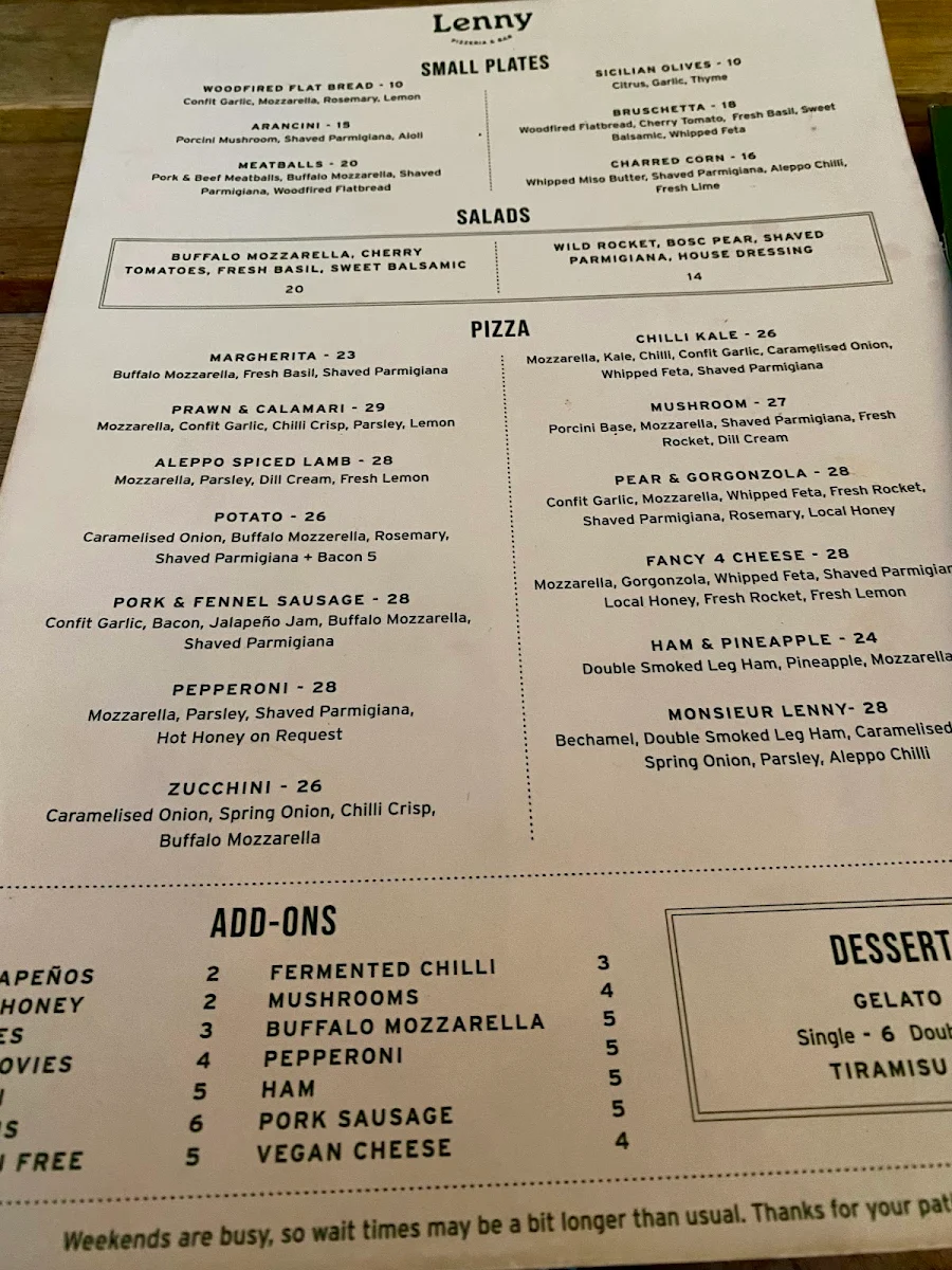 Menu, Lenny Pizzeria & Bar