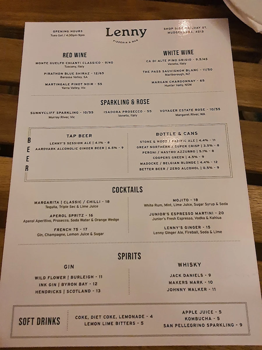Menu, Lenny Pizzeria & Bar