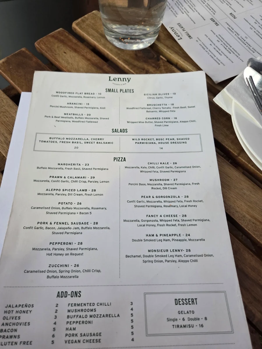 Menu, Lenny Pizzeria & Bar