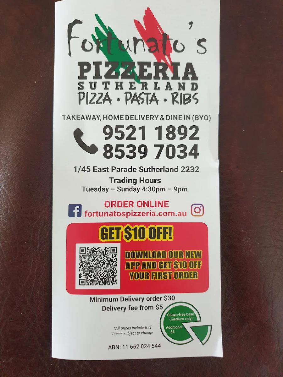 Menu, Fortunato's Pizzeria Sutherland