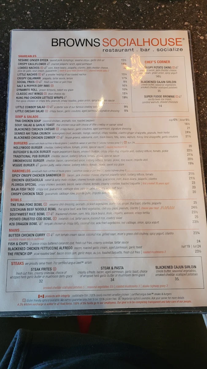 Menu, Browns Socialhouse Grandview Corners
