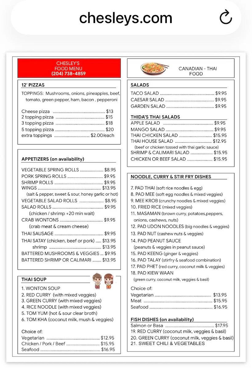 Menu, Chesley's Restaurant