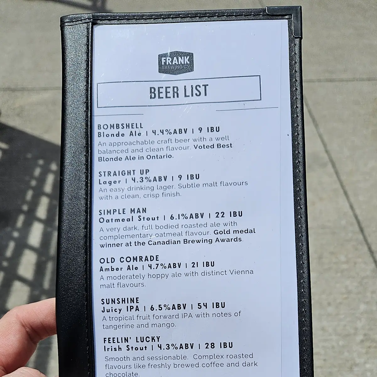 Menu, Frank Brewing Co.