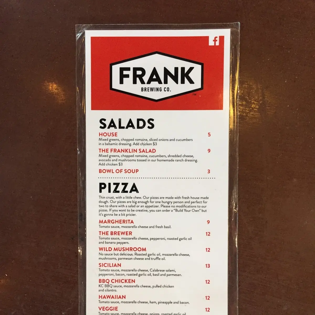 Menu, Frank Brewing Co.