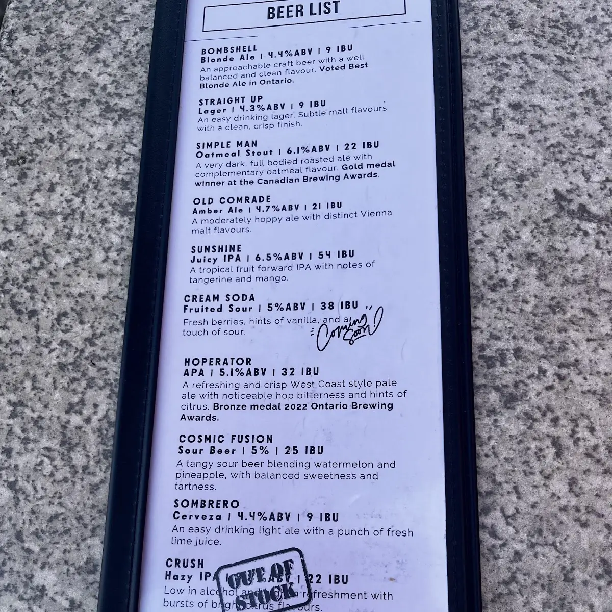 Menu, Frank Brewing Co.