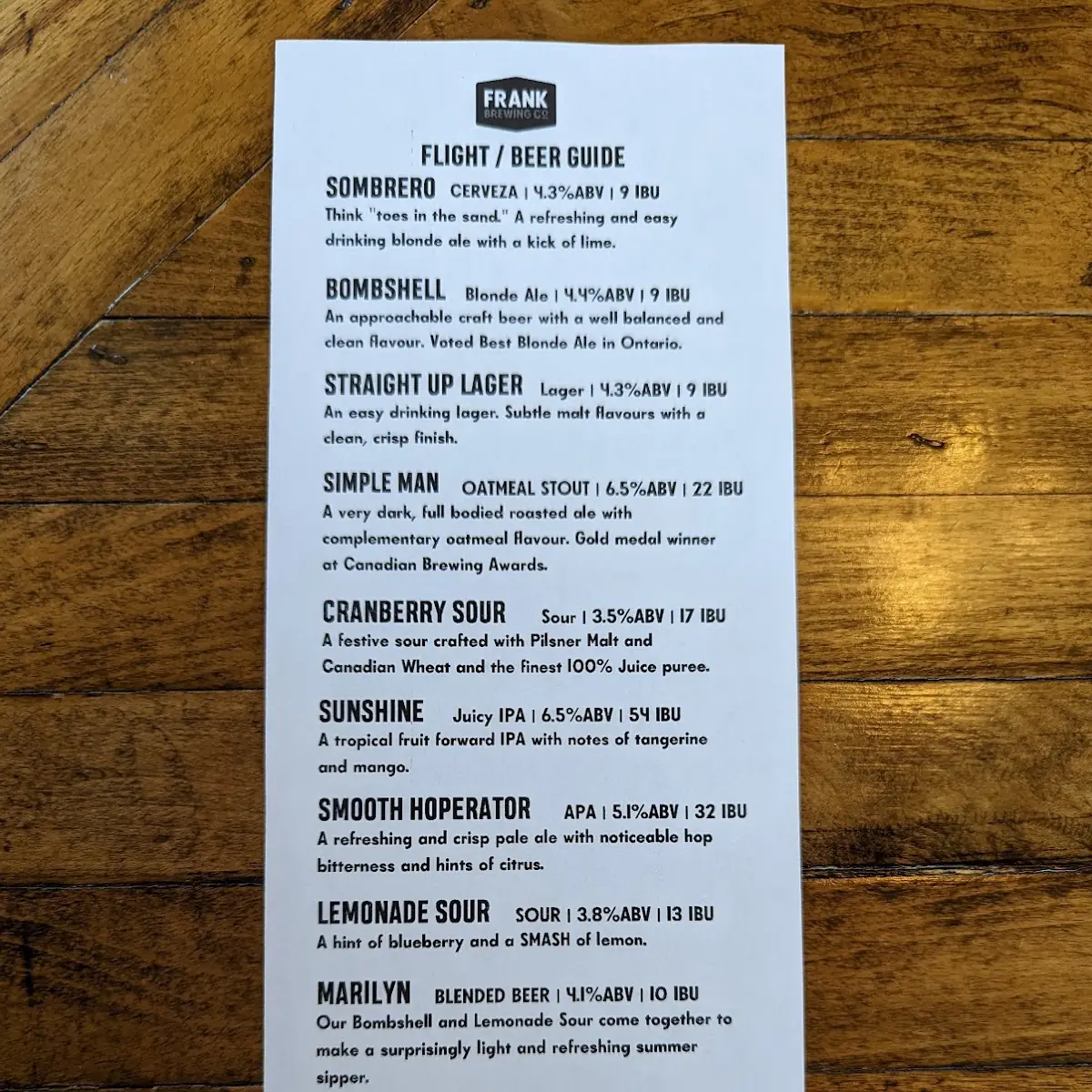 Menu, Frank Brewing Co.