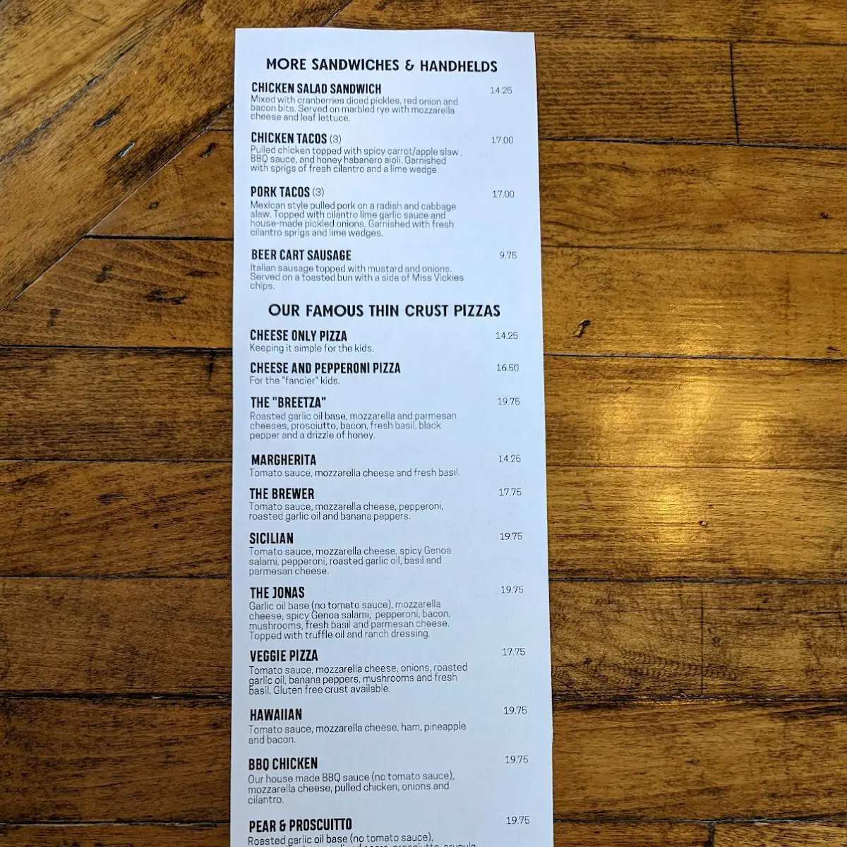 Menu, Frank Brewing Co.