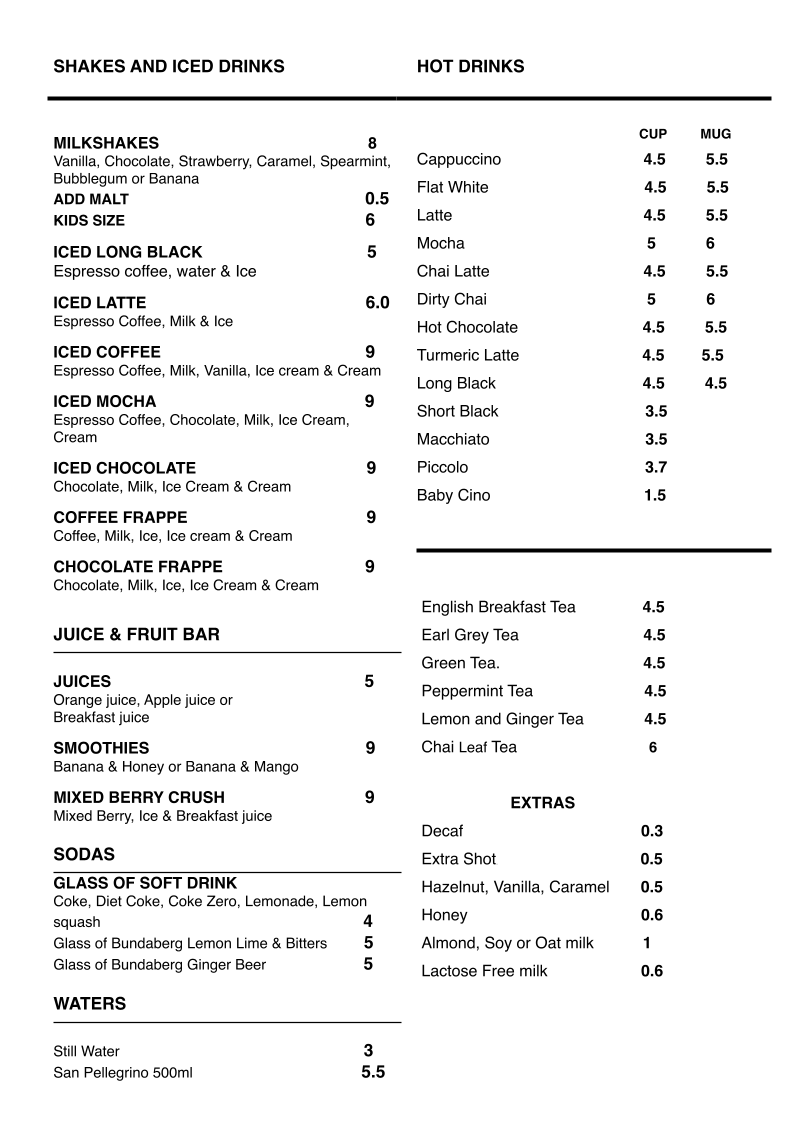 Menu, Williams Cafe