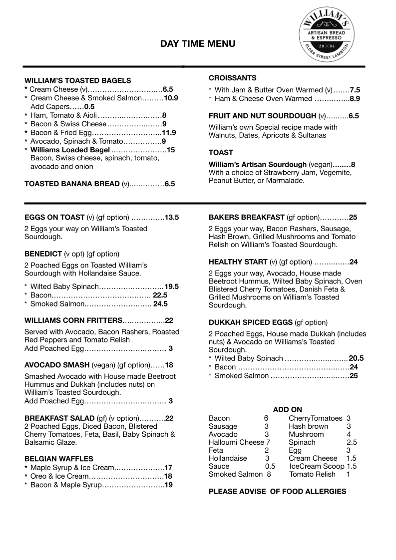 Menu, Williams Cafe