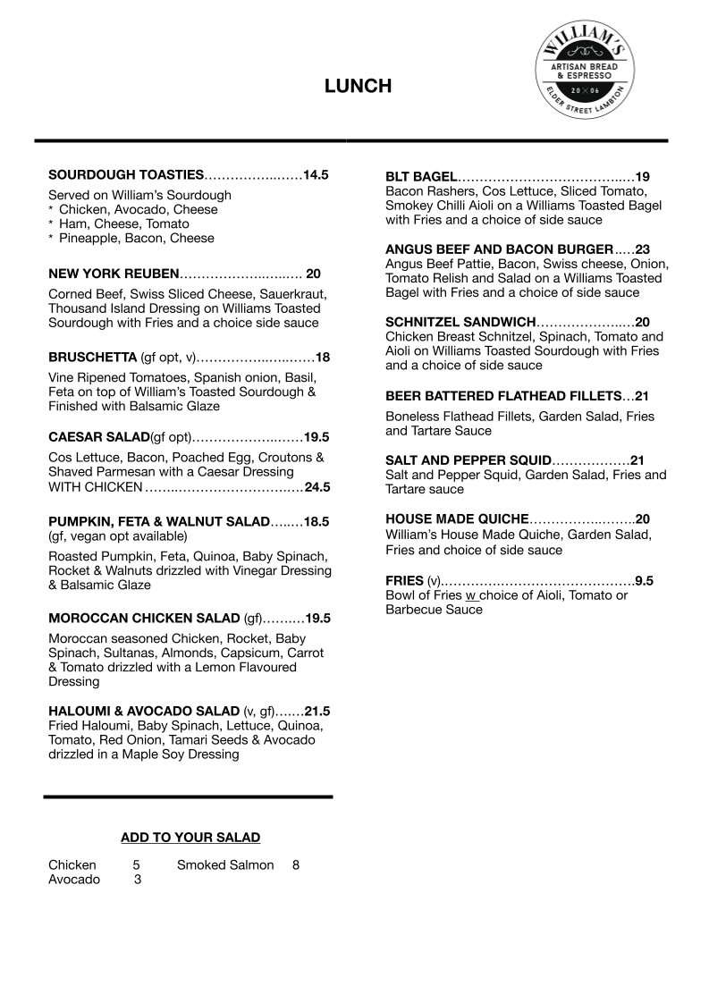 Menu, Williams Cafe