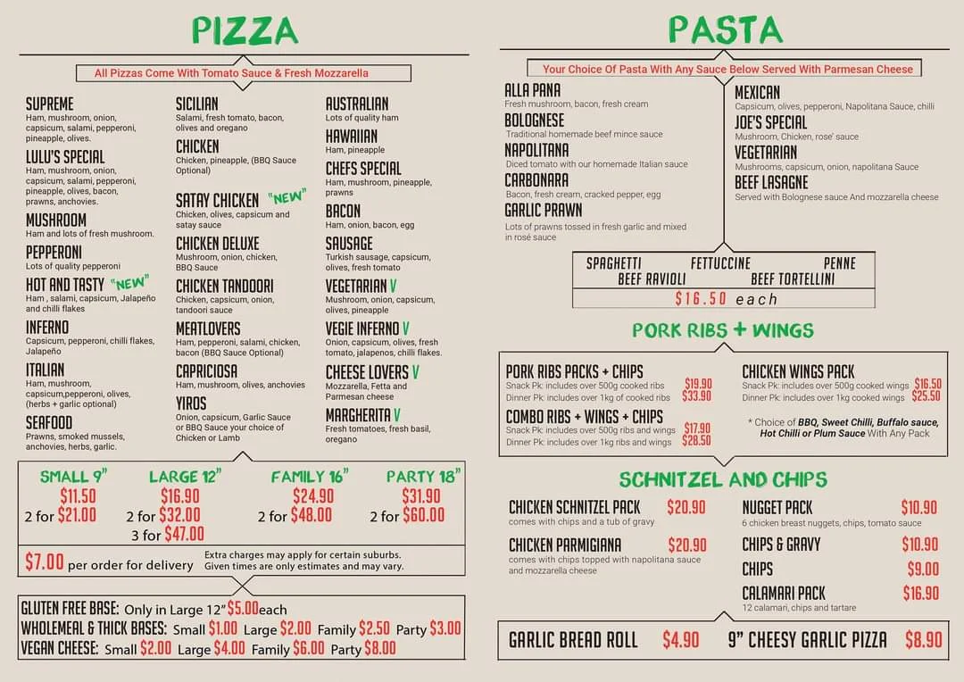 Menu, Lulu's Pizza