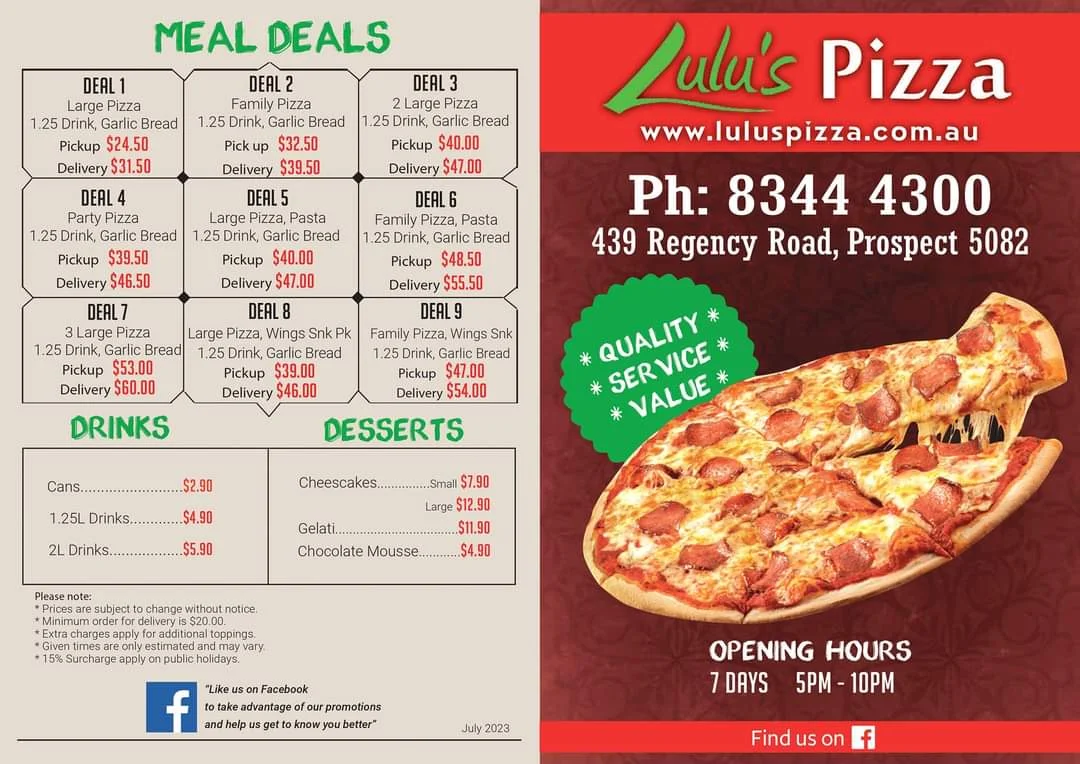 Menu, Lulu's Pizza
