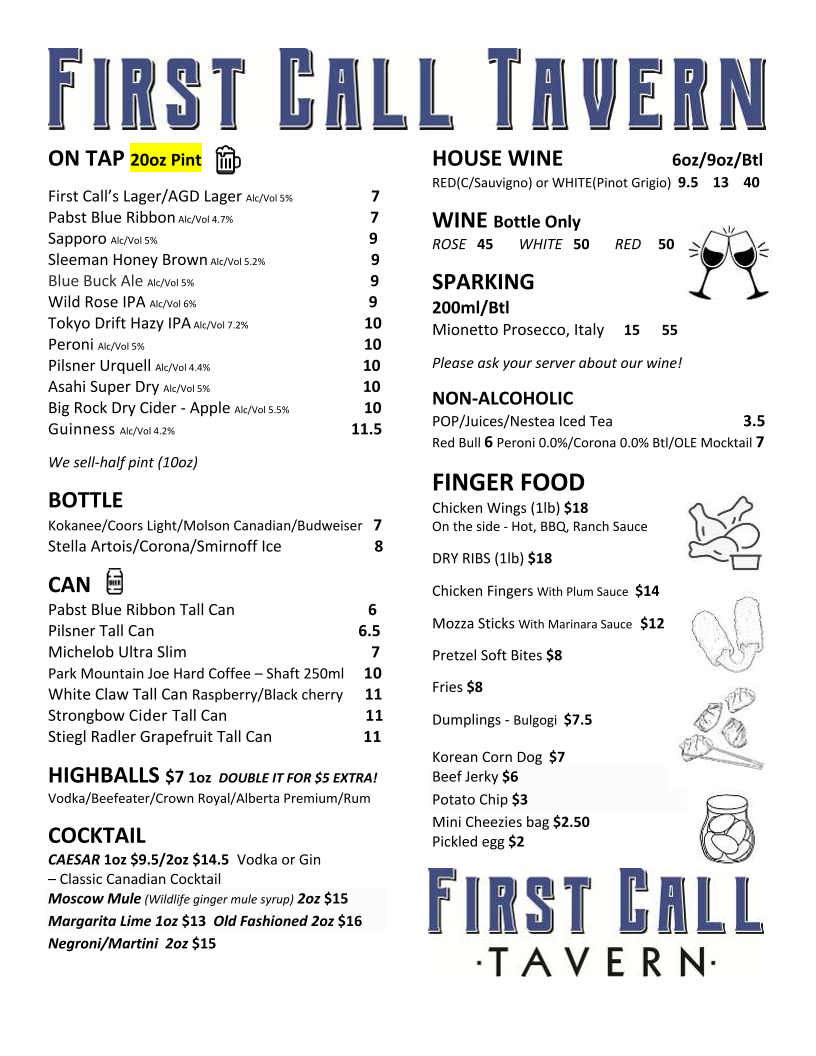 Menu, First Call Tavern