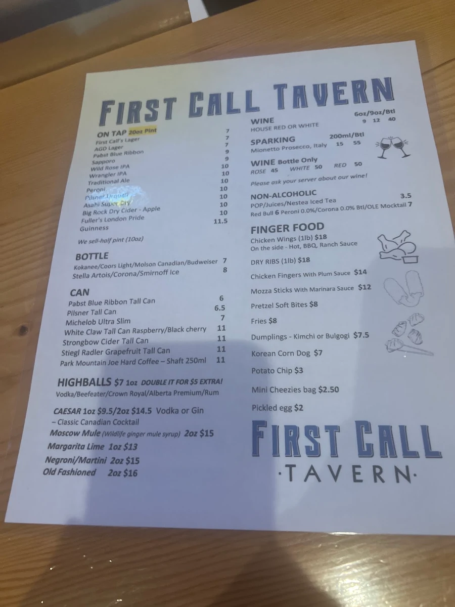 Menu, First Call Tavern
