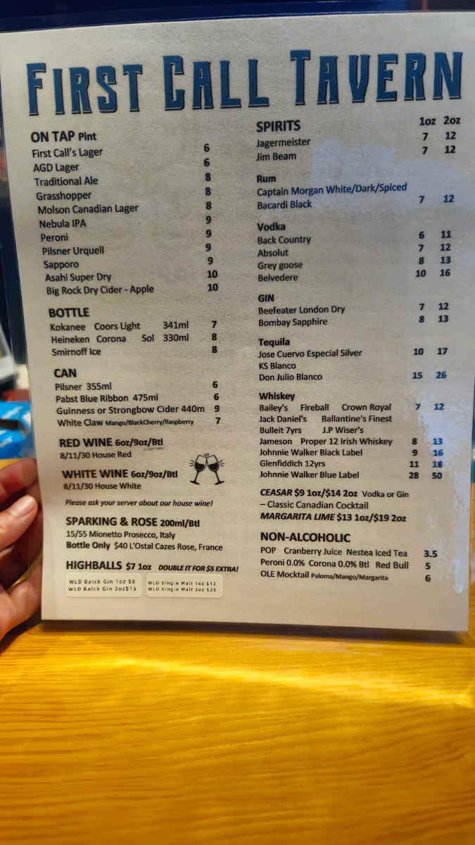 Menu, First Call Tavern
