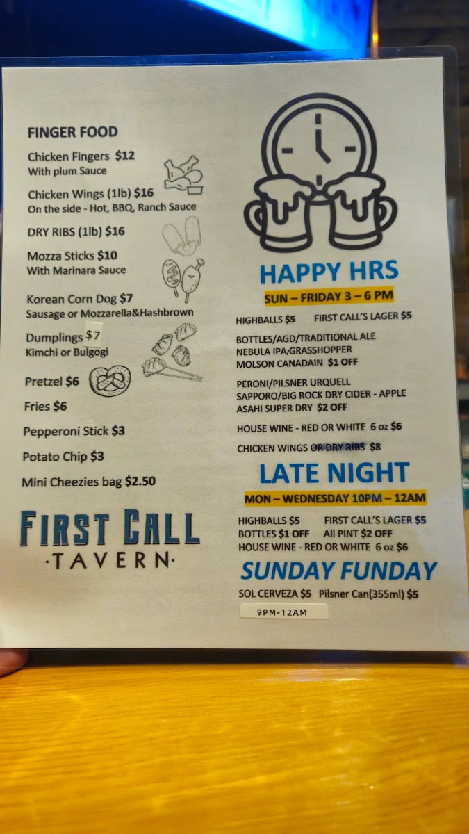 Menu, First Call Tavern