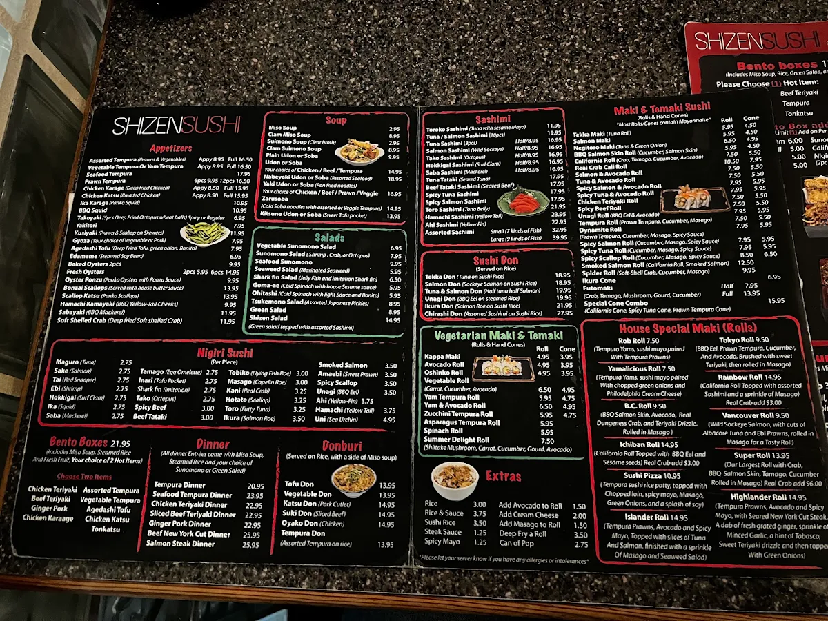 Menu, Shizen Japanese Restaurant