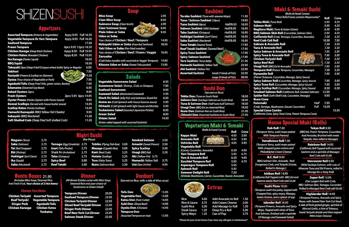 Menu, Shizen Japanese Restaurant