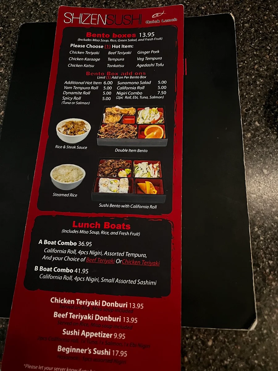 Menu, Shizen Japanese Restaurant