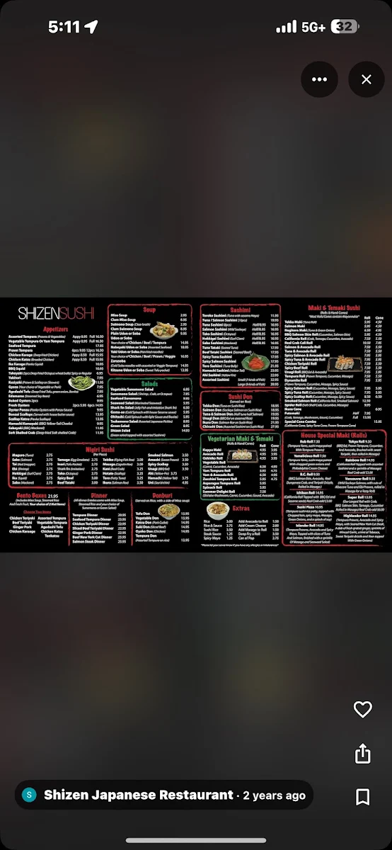 Menu, Shizen Japanese Restaurant