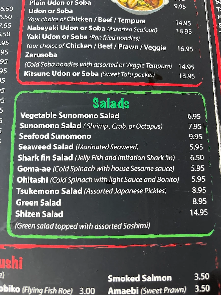 Menu, Shizen Japanese Restaurant