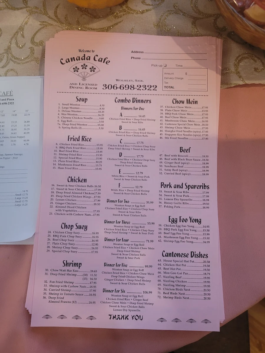 Menu, Canada Cafe